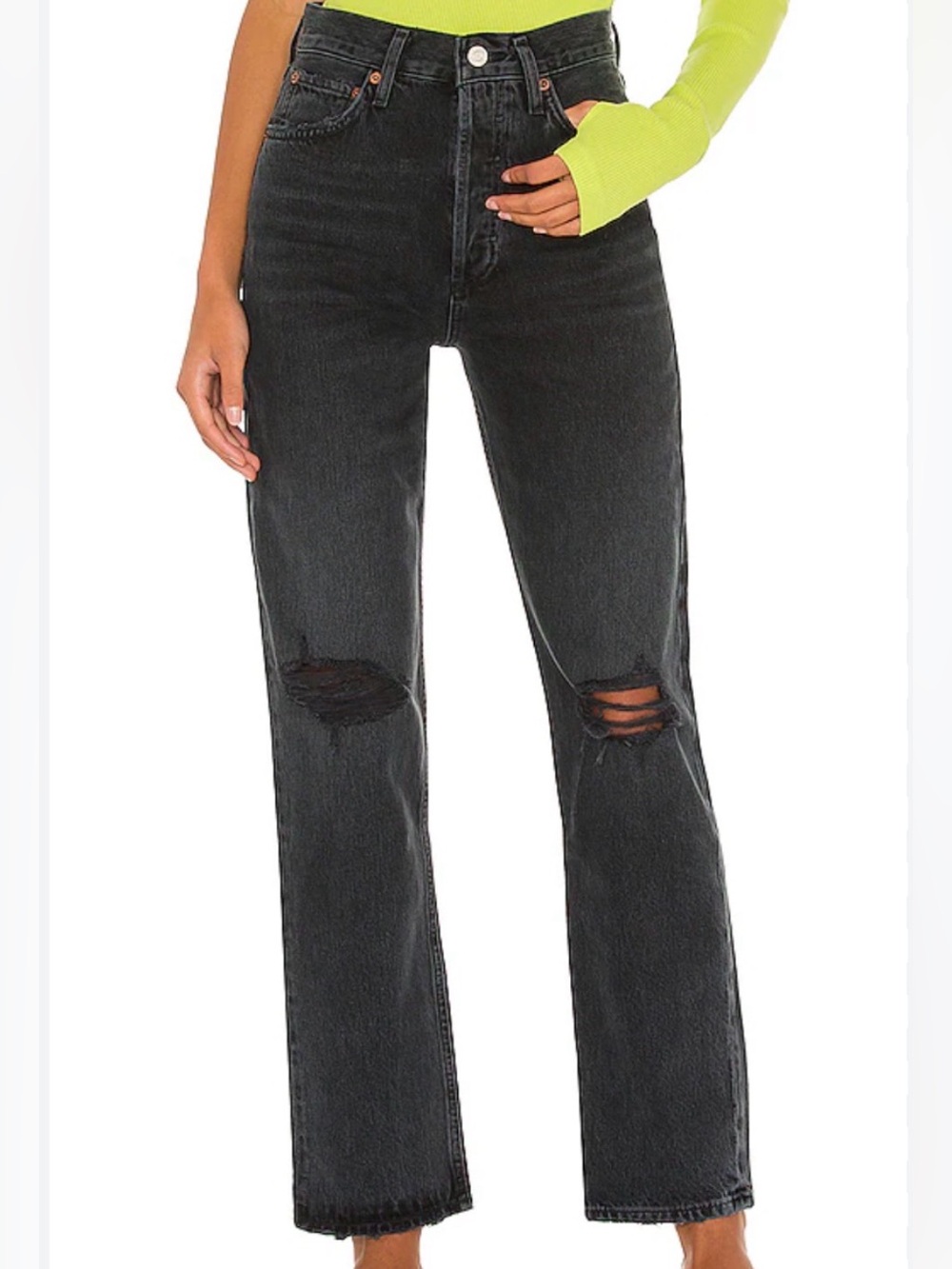 Agolde Black High-Rise Straight Leg Jeans with Knee Rips